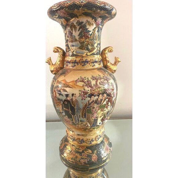 LARGE ROYAL SATSUMA JAPANESE MORIAGE & GOLD GILTING HANDLES VASE, GOSU BLUE14.5” - Picture 2 of 8